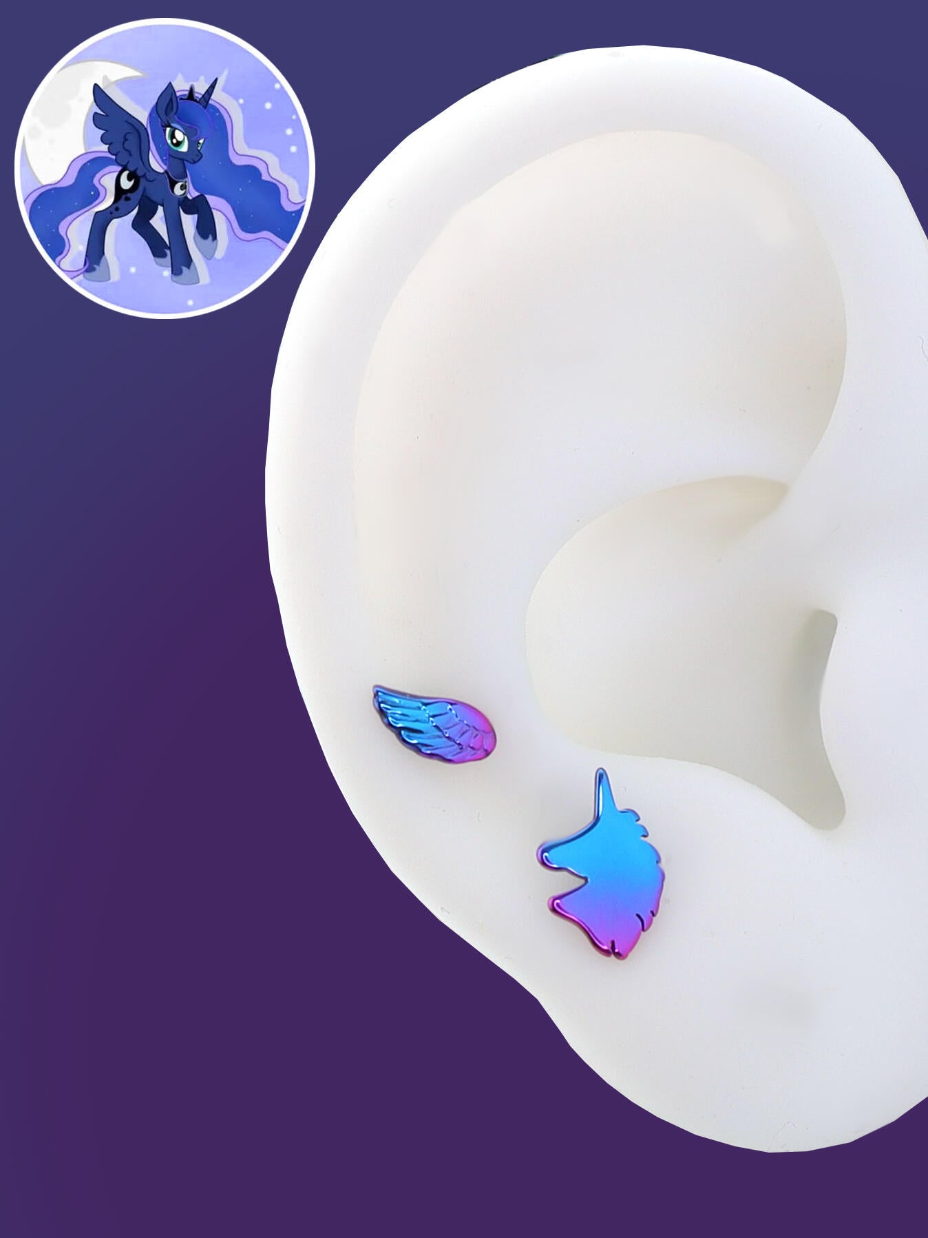 Magical Alicorn Princess Piercing Set | MLP Inspired Unicorn & Wing Titanium Studs | Helix & Lobe Earrings