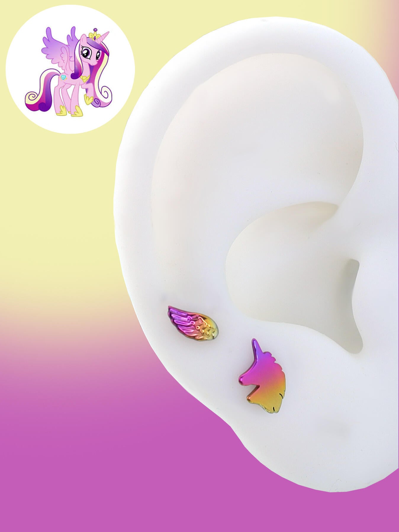Magical Alicorn Princess Piercing Set | MLP Inspired Unicorn & Wing Titanium Studs | Helix & Lobe Earrings