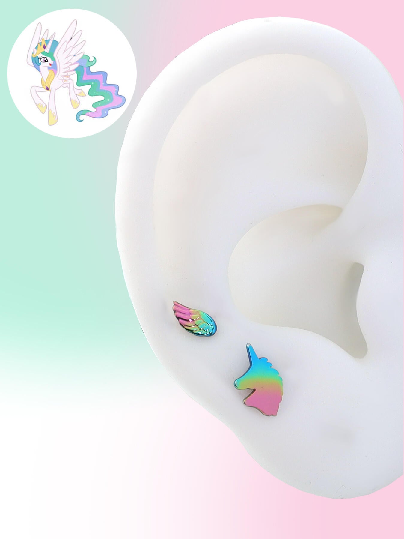 Magical Alicorn Princess Piercing Set | MLP Inspired Unicorn & Wing Titanium Studs | Helix & Lobe Earrings
