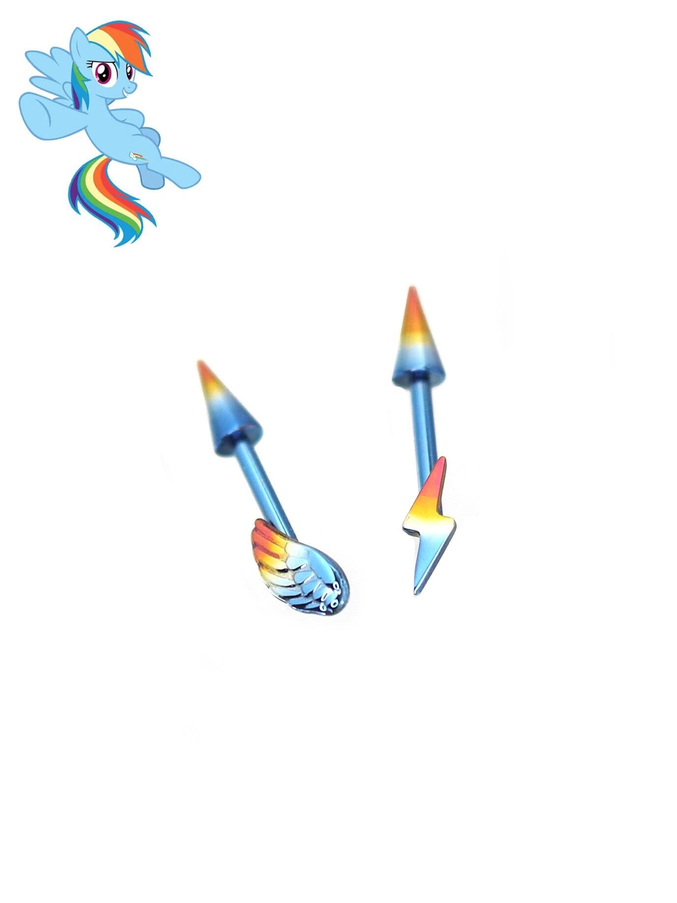 Titanium Rainbow Wing & Lightning Bolt Piercing | Spiked Straight Barbell | Cartilage Helix Rook Earring