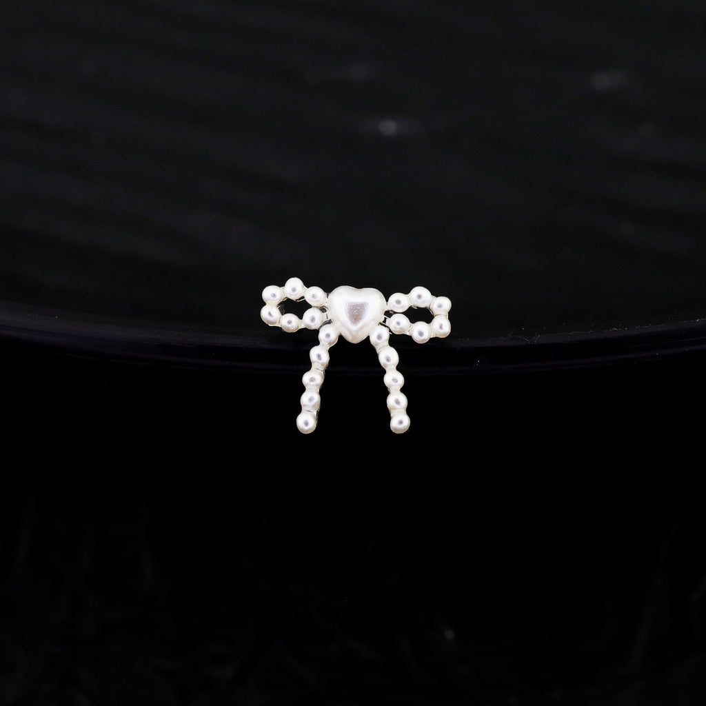 Heart Pearl Bow Stainless Steel Ear Studs - Heart Pearl Bow Stainless Steel Ear Studs - White / Single / 6mm by CRUXJEWELRY