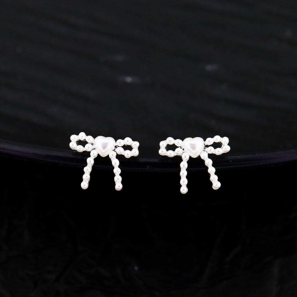 Heart Pearl Bow Stainless Steel Ear Studs - Heart Pearl Bow Stainless Steel Ear Studs - White / Single / 6mm by CRUXJEWELRY
