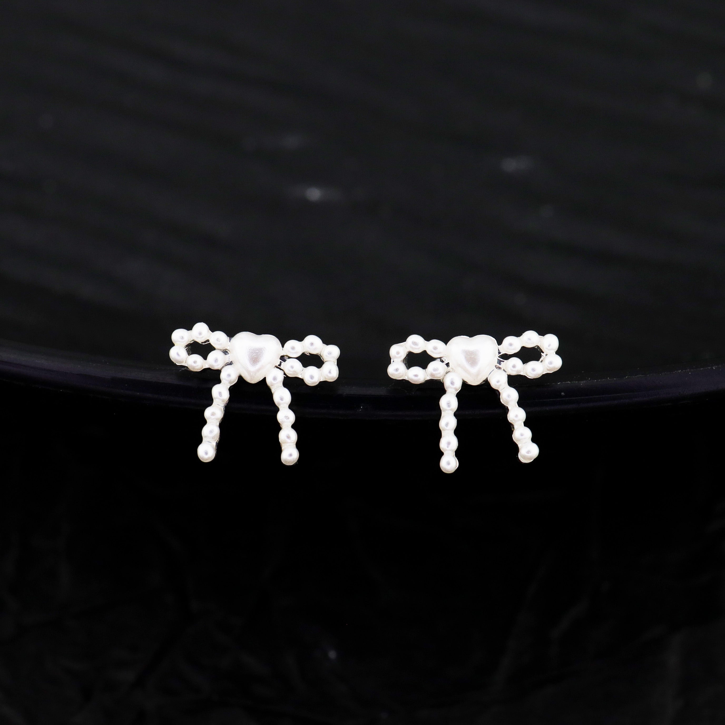 Heart Pearl Bow Stainless Steel Ear Studs - Heart Pearl Bow Stainless Steel Ear Studs - White / Single / 6mm by CRUXJEWELRY