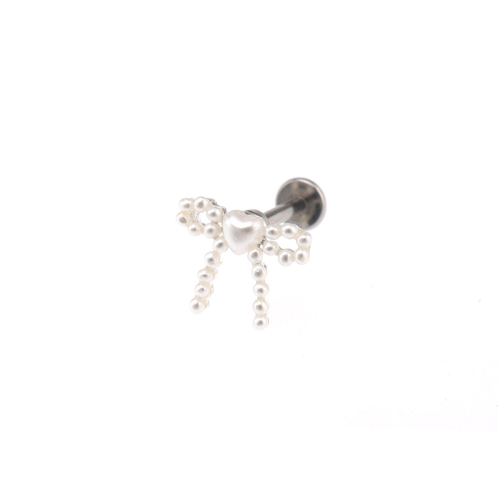 Heart Pearl Bow Stainless Steel Ear Studs - Heart Pearl Bow Stainless Steel Ear Studs - White / Single / 6mm by CRUXJEWELRY