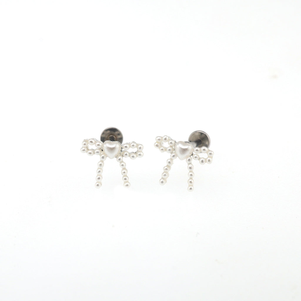 Heart Pearl Bow Stainless Steel Ear Studs - Heart Pearl Bow Stainless Steel Ear Studs - White / Set / 6mm by CRUXJEWELRY
