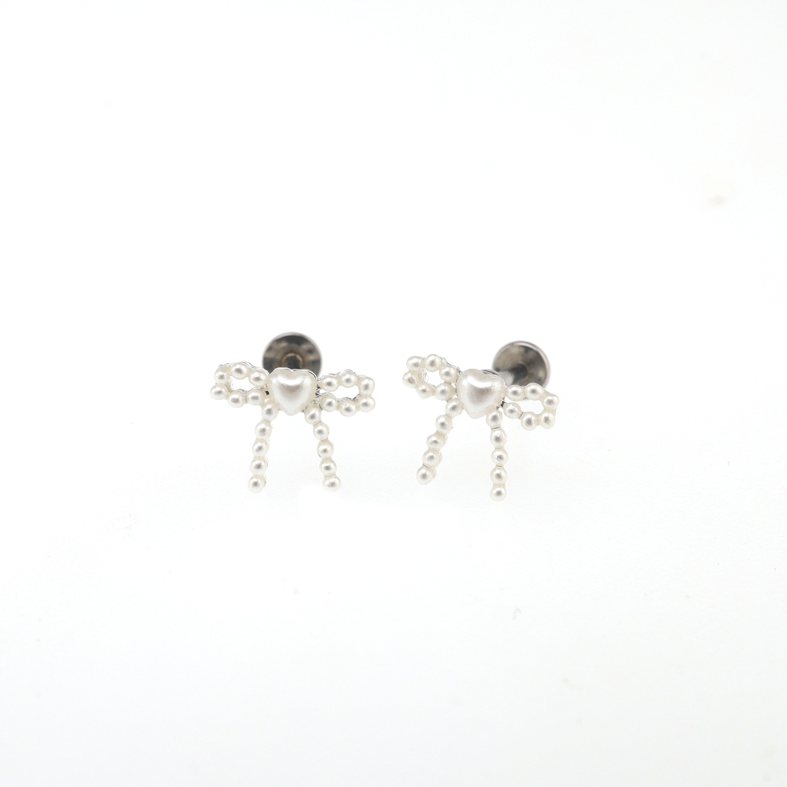Heart Pearl Bow Stainless Steel Ear Studs - Heart Pearl Bow Stainless Steel Ear Studs - White / Set / 6mm by CRUXJEWELRY