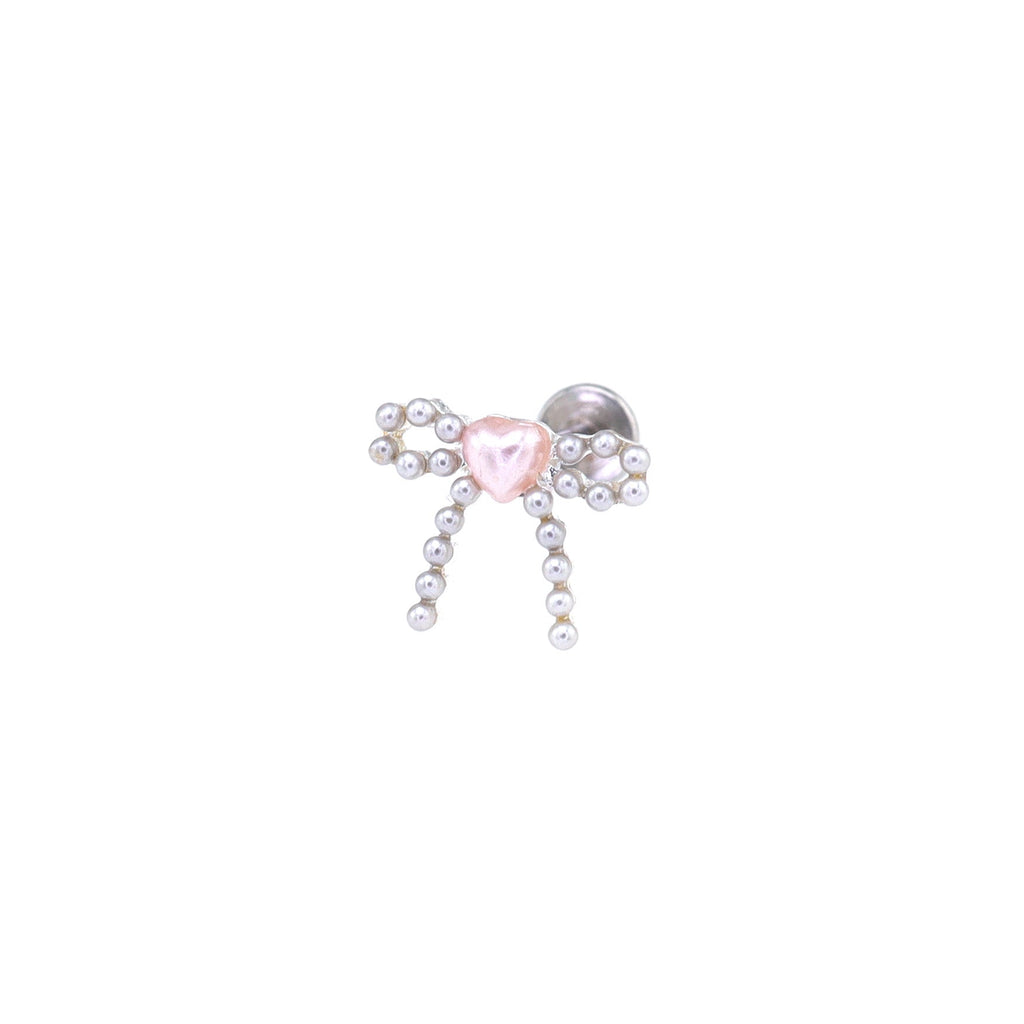 Heart Pearl Bow Stainless Steel Ear Studs - Heart Pearl Bow Stainless Steel Ear Studs - Pink / Single / 6mm by CRUXJEWELRY