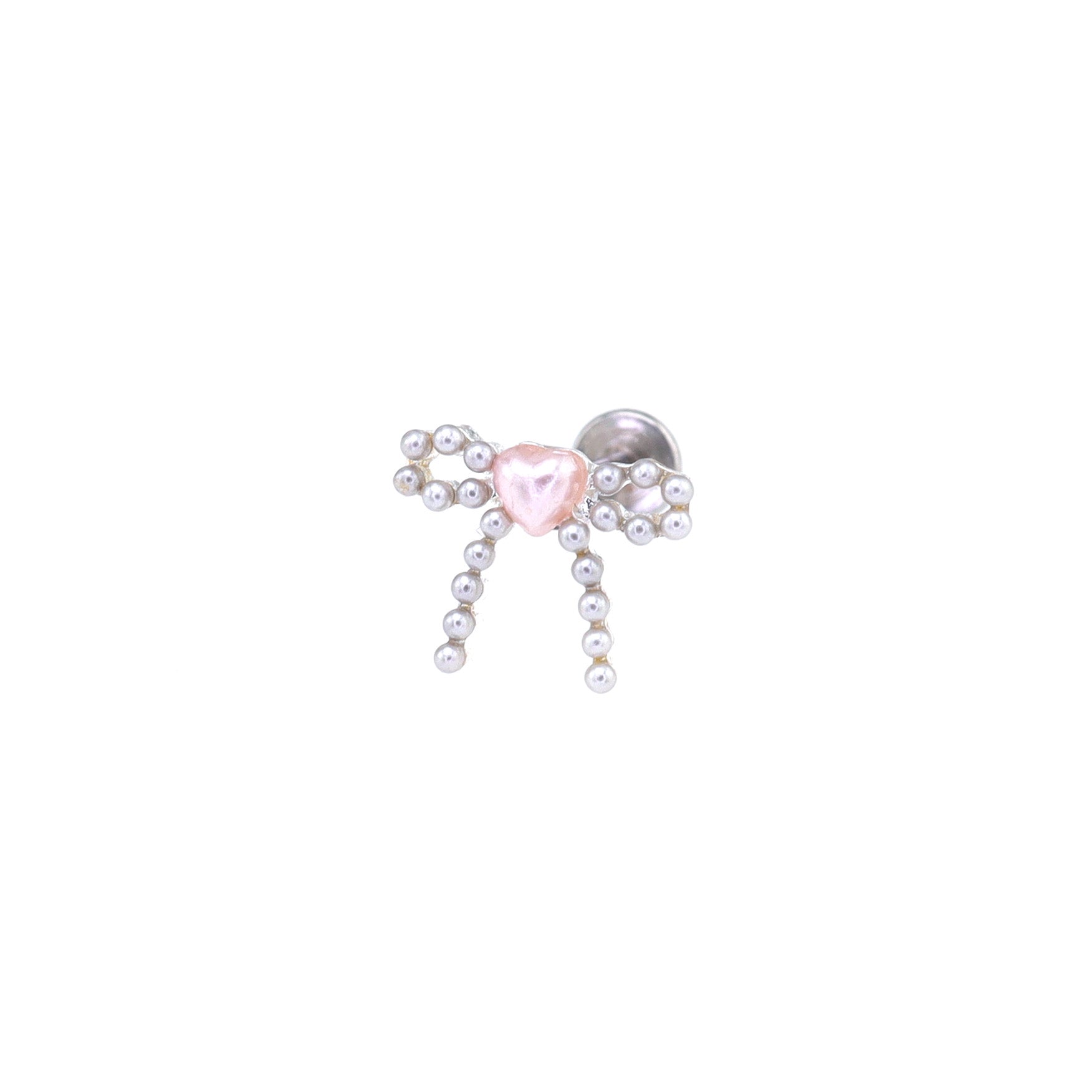 Heart Pearl Bow Stainless Steel Ear Studs - Heart Pearl Bow Stainless Steel Ear Studs - Pink / Single / 6mm by CRUXJEWELRY