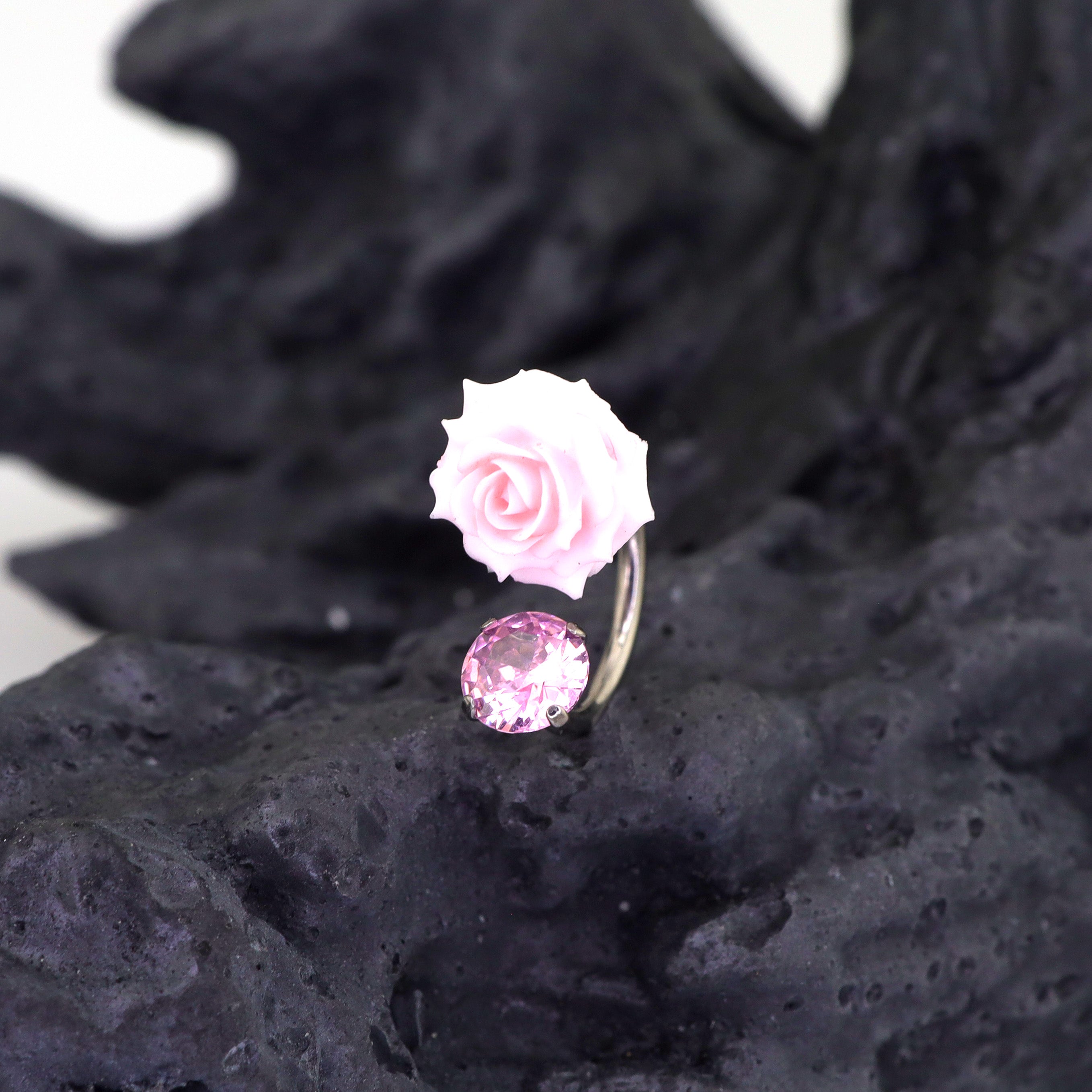 Butterfly Floral Earrings Rose Pink Cartilage & Helix Look - Butterfly Floral Earrings Rose Pink Cartilage & Helix Look - Rose Horseshoe Ring by CRUXJEWELRY