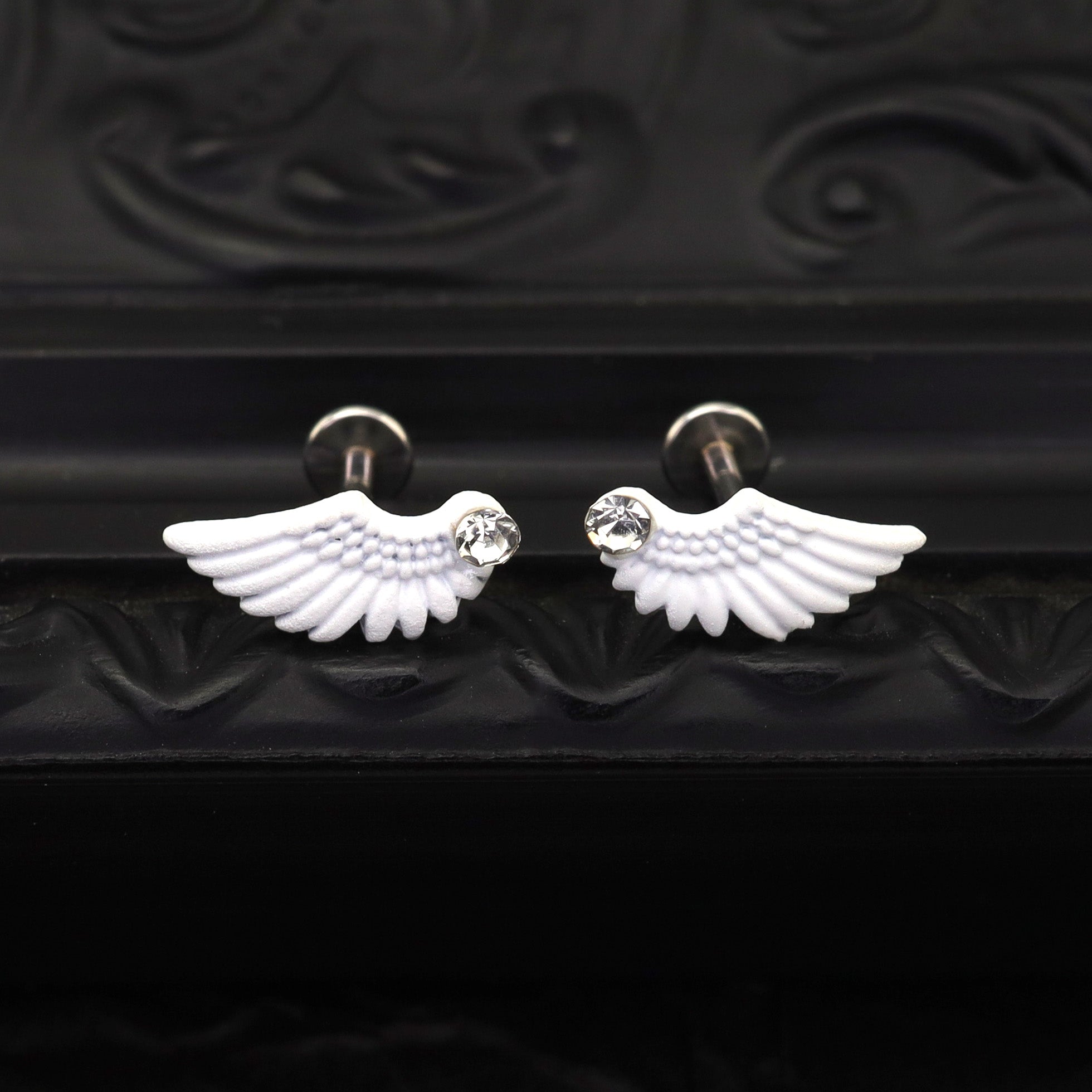 PAIR OF White Wing CZ Internally Threaded stainless steel Studs - PAIR OF White Wing CZ Internally Threaded stainless steel Studs - White / 6mm by CRUXJEWELRY