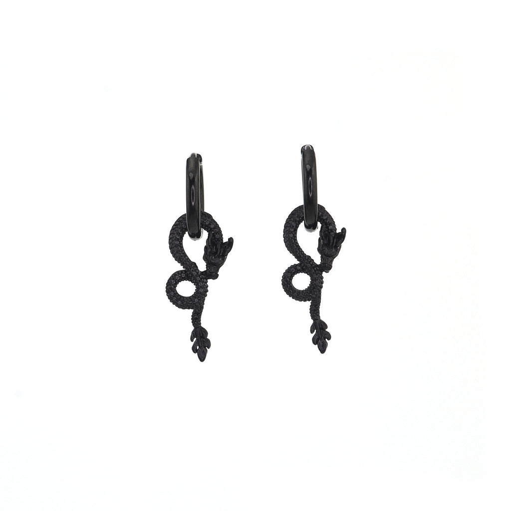 Black Engraved Evil Dragon Pendant Stainless Steel Earrings - Black Engraved Evil Dragon Pendant Stainless Steel Earrings - Set by CRUXJEWELRY