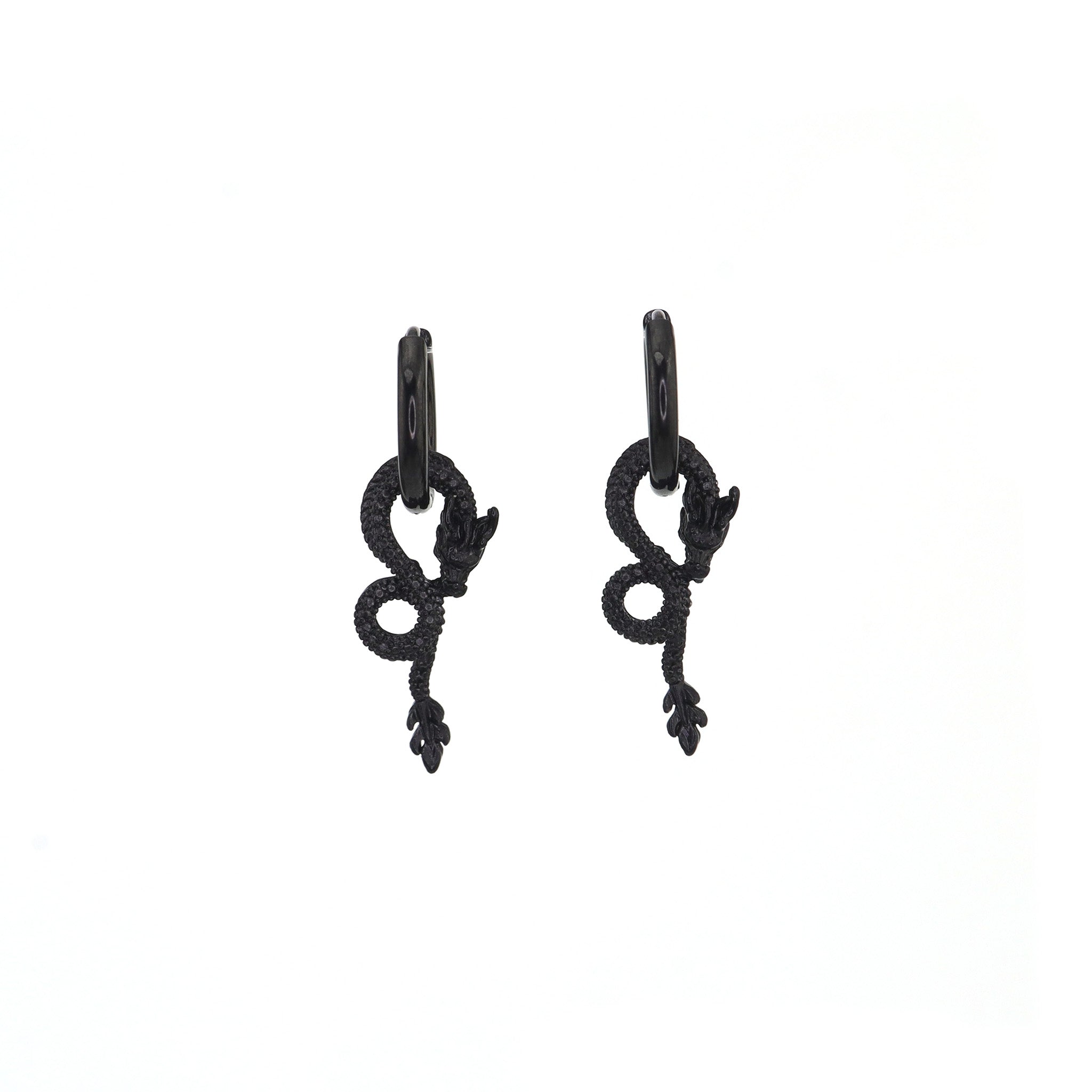 Black Engraved Evil Dragon Pendant Stainless Steel Earrings - Black Engraved Evil Dragon Pendant Stainless Steel Earrings - Set by CRUXJEWELRY