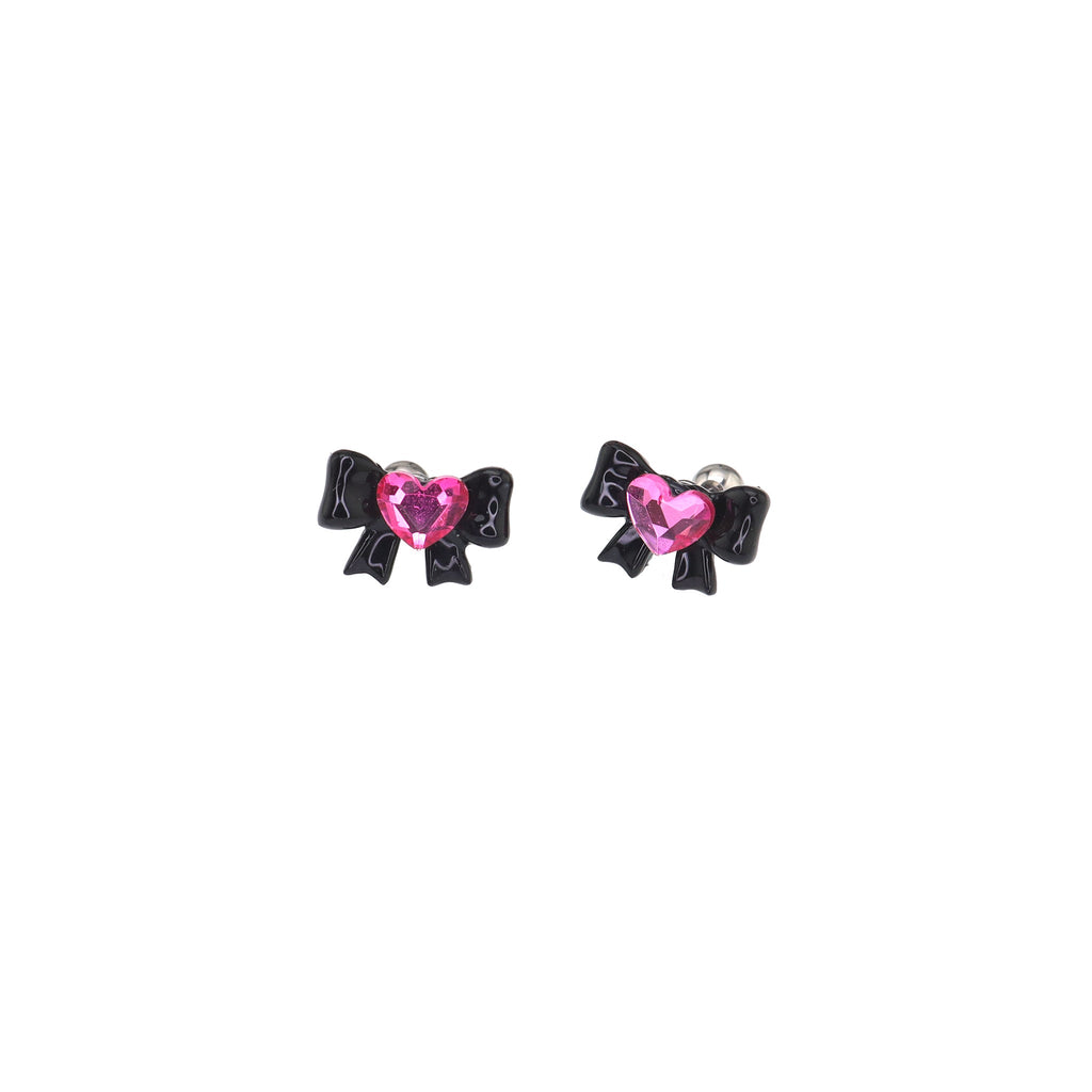 Thin Gauge Heart Pink CZ Resin Bow Stainless Steel Ear Studs - Thin Gauge Heart Pink CZ Resin Bow Stainless Steel Ear Studs - Set / 0.8mm/20G by CRUXJEWELRY