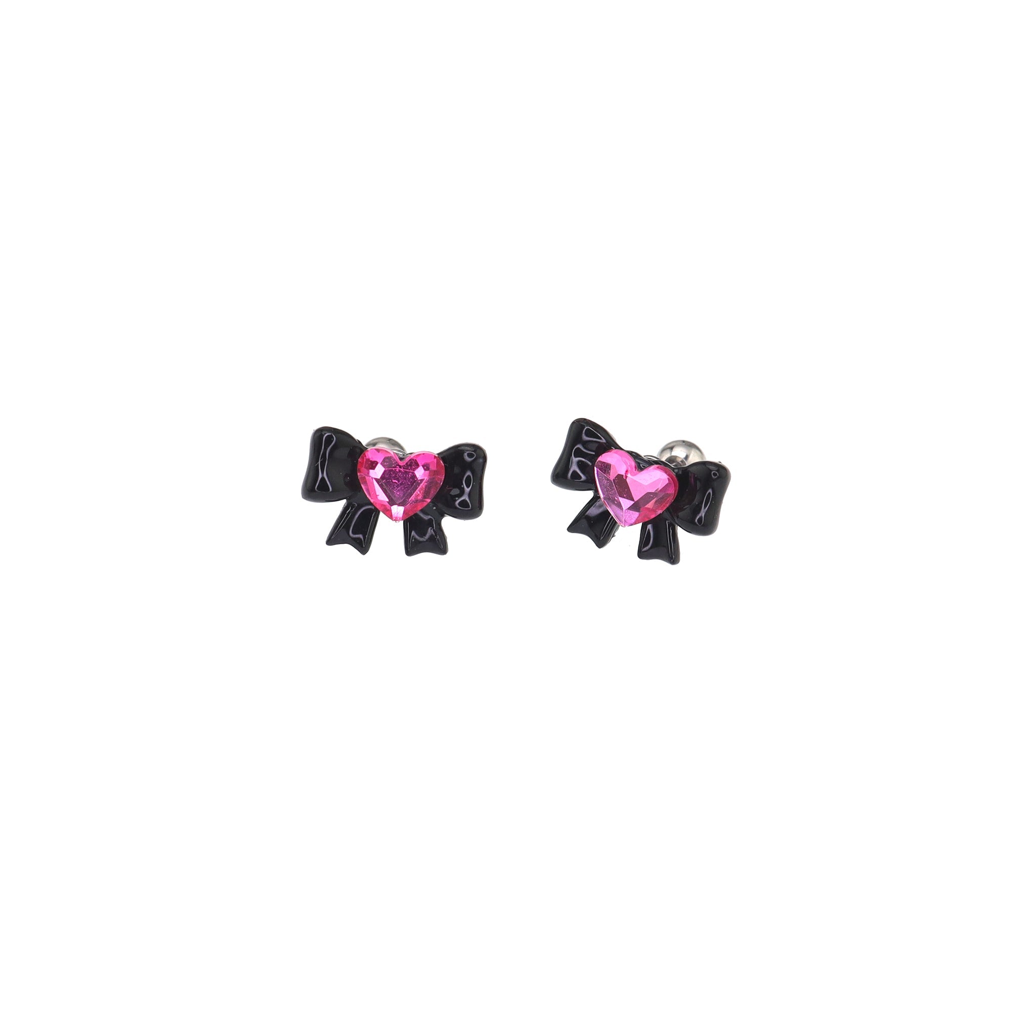 Thin Gauge Heart Pink CZ Resin Bow Stainless Steel Ear Studs - Thin Gauge Heart Pink CZ Resin Bow Stainless Steel Ear Studs - Set / 0.8mm/20G by CRUXJEWELRY