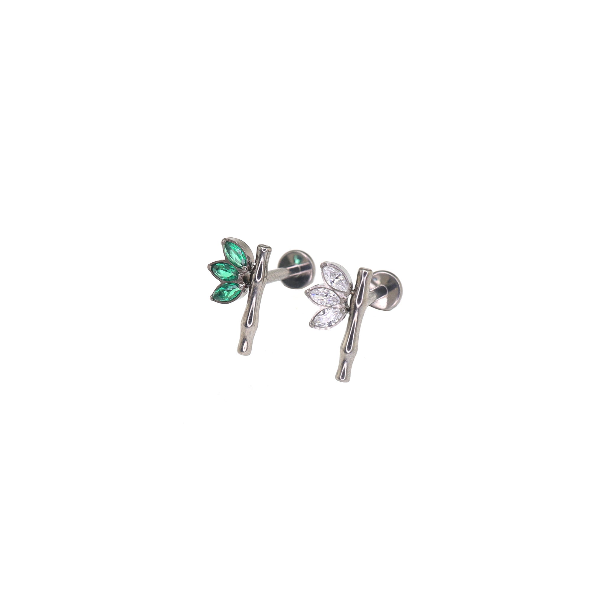 Eastern Aesthetics - Bamboo Leaf CZ Internally Threaded Titanium Studs - Eastern Aesthetics - Bamboo Leaf CZ Internally Threaded Titanium Studs - Sliver / 6mm by CRUXJEWELRY