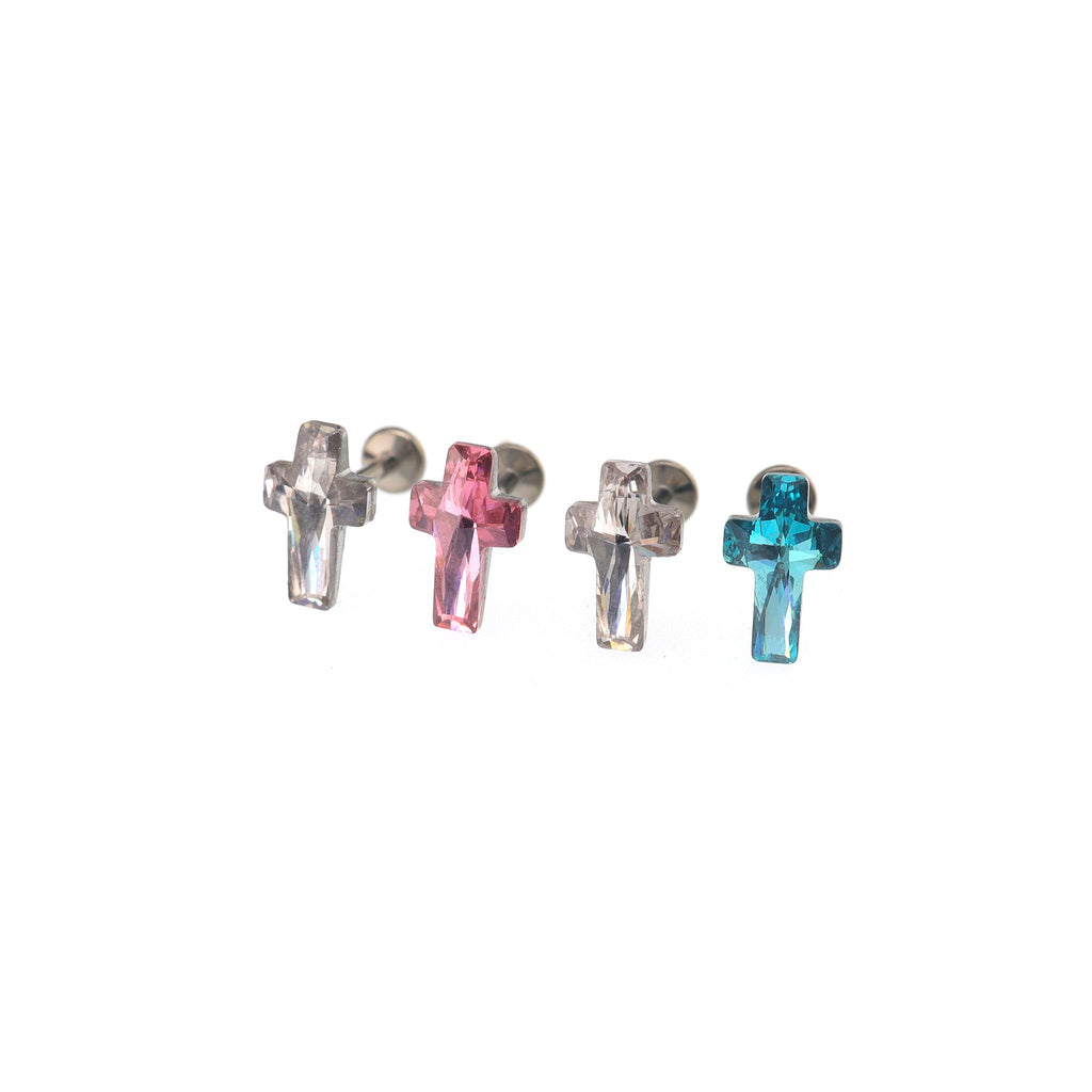 Colorful Cross CZ Internally Threaded Titanium Ear Studs - Colorful Cross CZ Internally Threaded Titanium Ear Studs - White / 6mm by CRUXJEWELRY