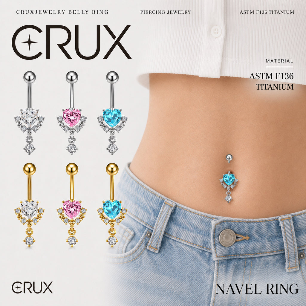 CZ Heart Dangle Titanium Belly Ring