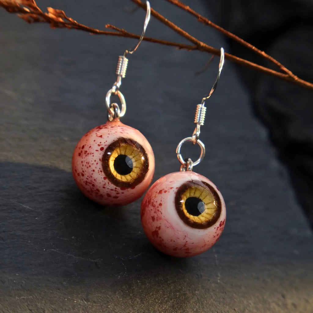 (Pair) Hyper-Realistic Bloodshot Yellow|Green Eyeball Earrings | Zombie Horror | S925 Sterling Silver