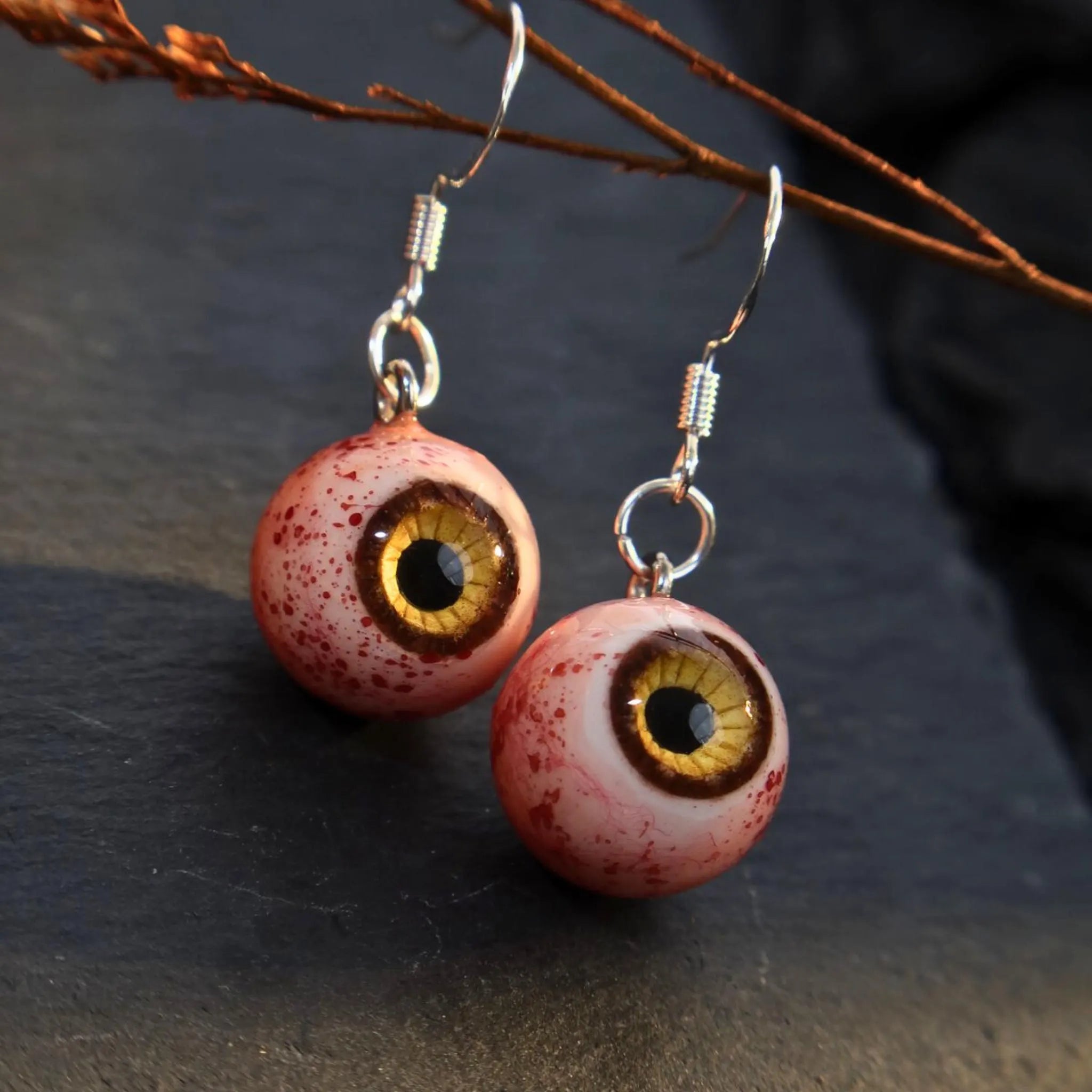 (Pair) Hyper-Realistic Bloodshot Yellow|Green Eyeball Earrings | Zombie Horror | S925 Sterling Silver