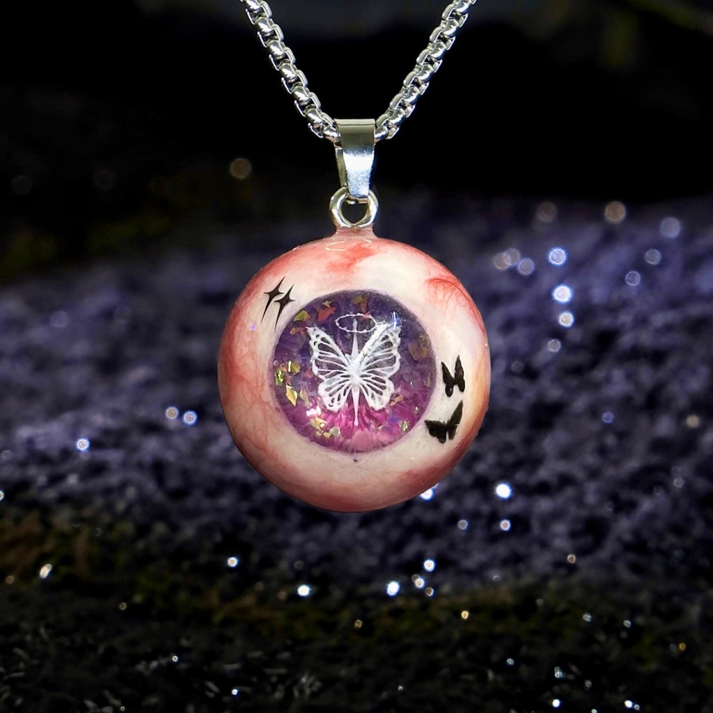 "Psyche's Dream" White Butterfly Pupil Necklace - Shimmering Purple Iris