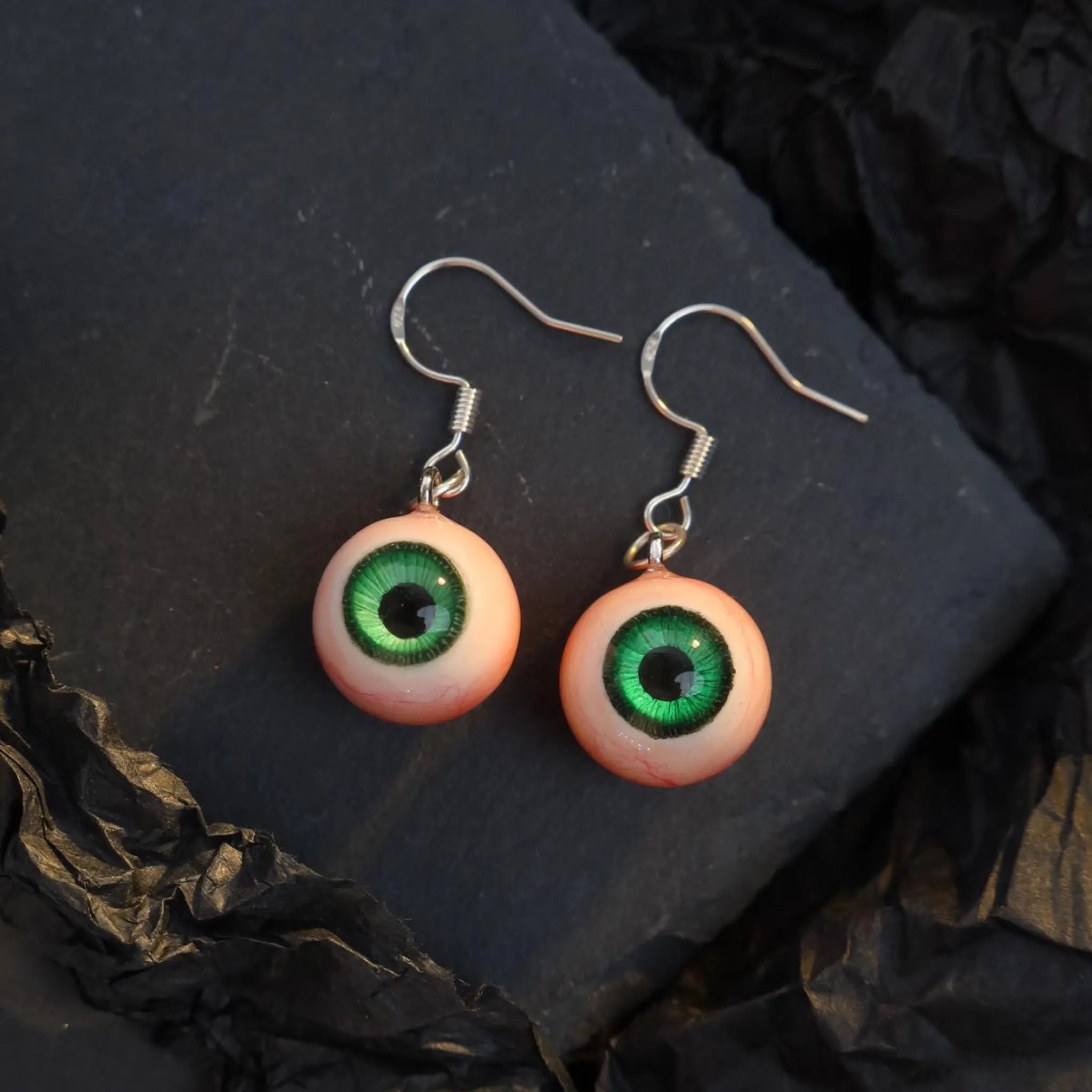 (Pair) Hyper-Realistic Bloodshot Yellow|Green Eyeball Earrings | Zombie Horror | S925 Sterling Silver