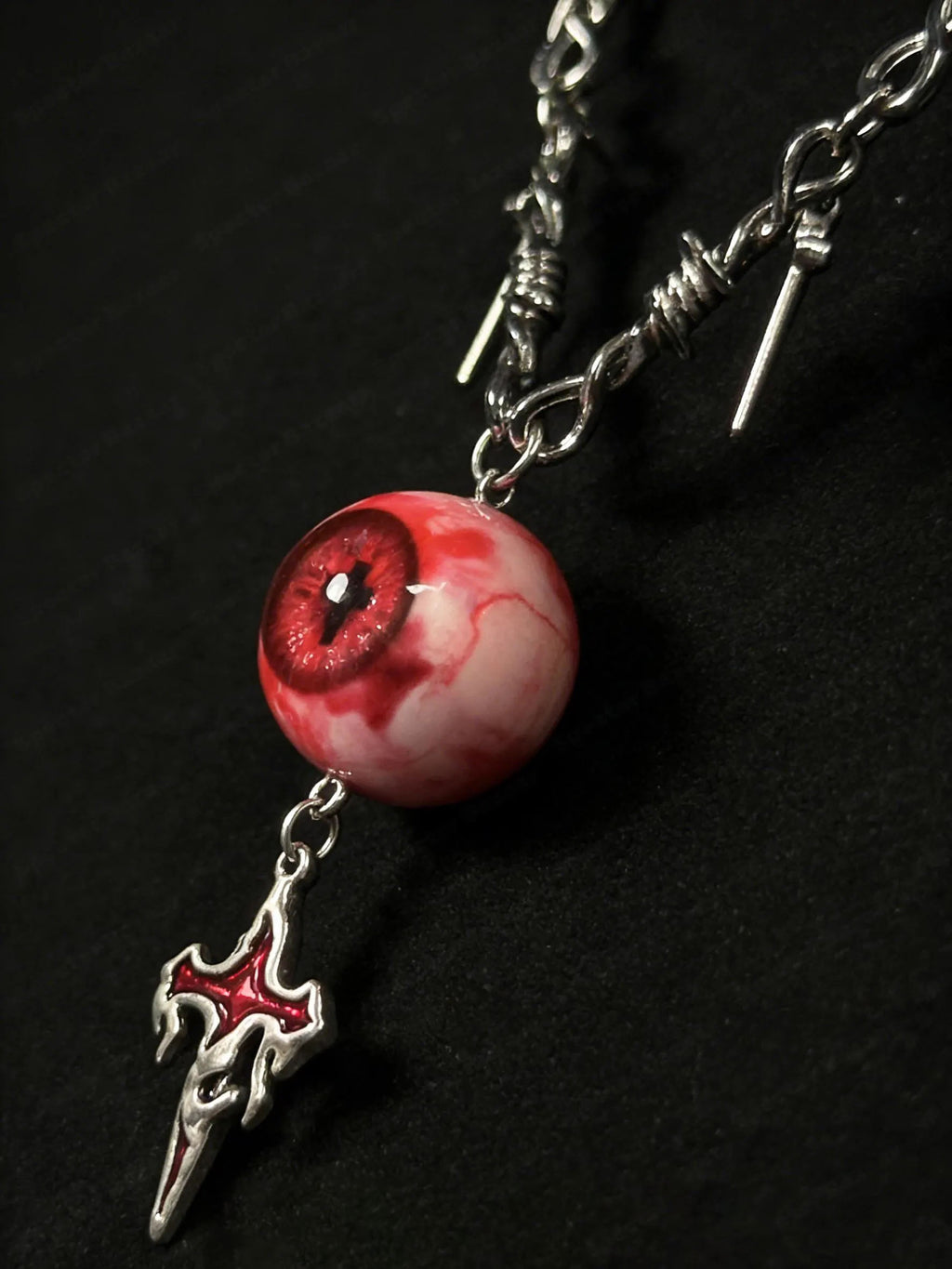 "Crown of Thorns" Red Eye Necklace - Barbed Chain & Gothic Cross