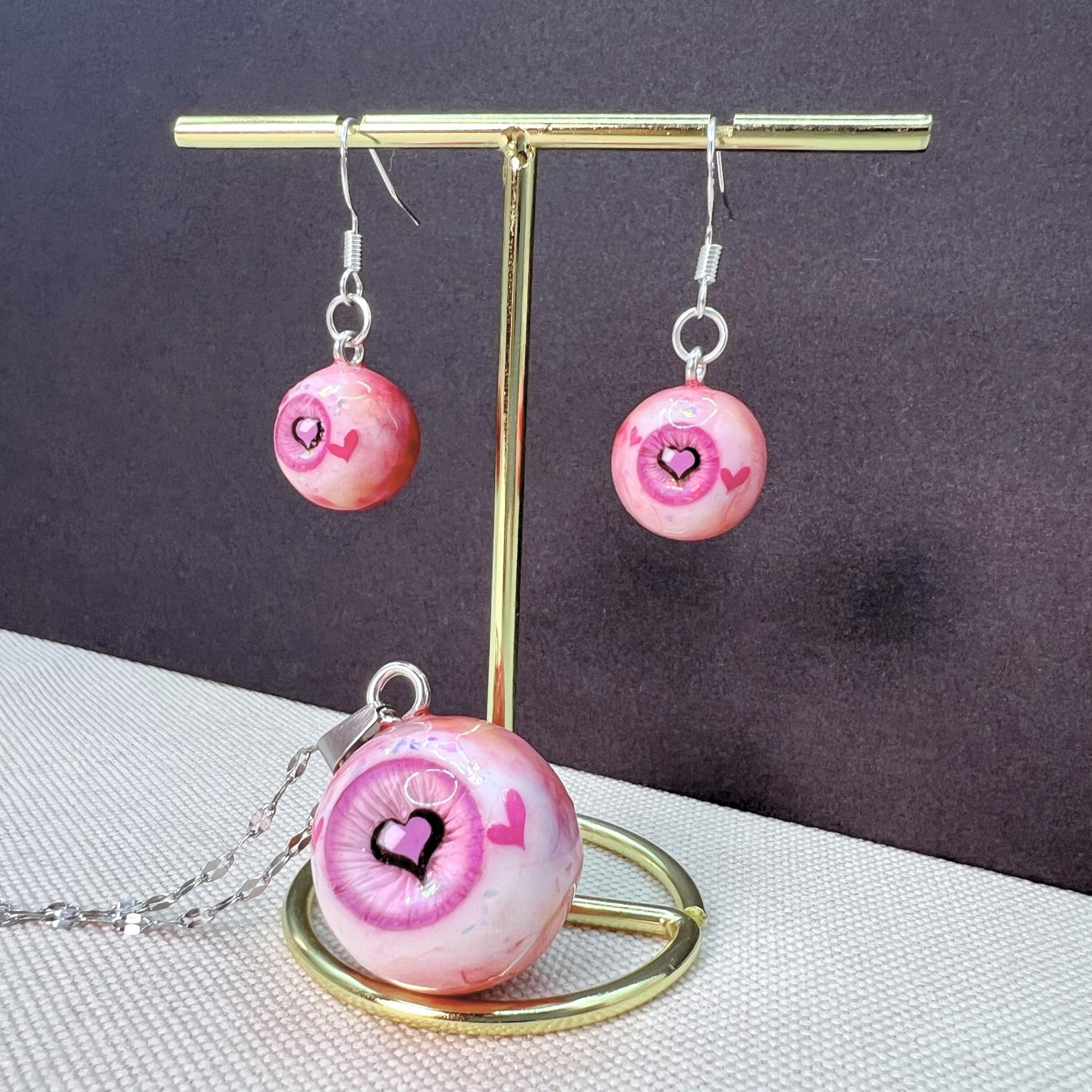 Kawaii Heart Pupil Eyeball Necklace & Earrings Set | 4-Color Matching Jewelry Bundle