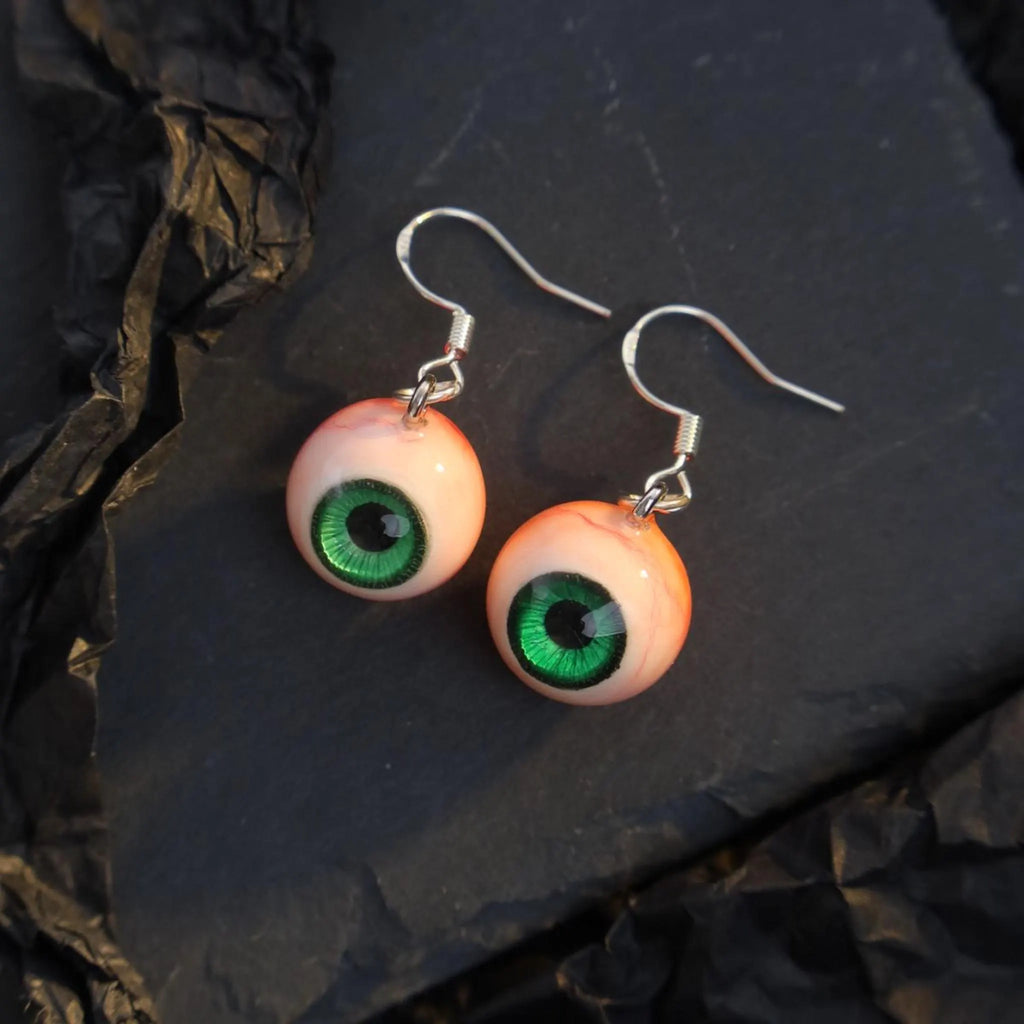 (Pair) Hyper-Realistic Bloodshot Yellow|Green Eyeball Earrings | Zombie Horror | S925 Sterling Silver