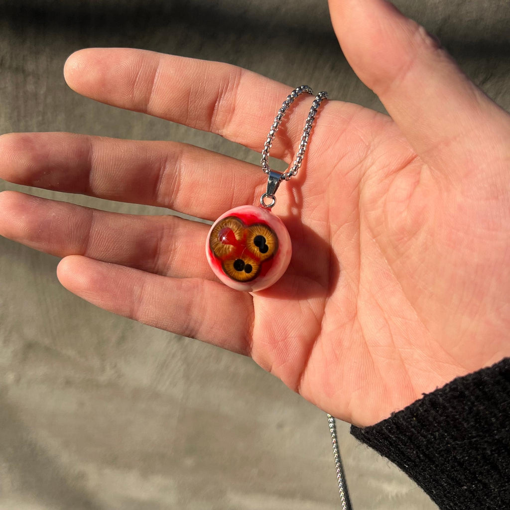 Triple Pupil Mutation Eyeball Necklace | "Toxic Orange" Tri-Iris Pendant | Polycoria Bio-Horror Jewelry