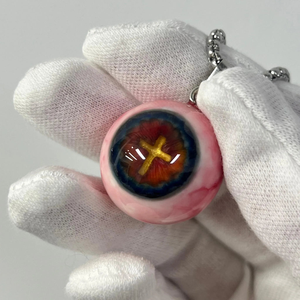 "Holy Fire" Golden Cross Eye Necklace - Thermal Blue & Red Iris