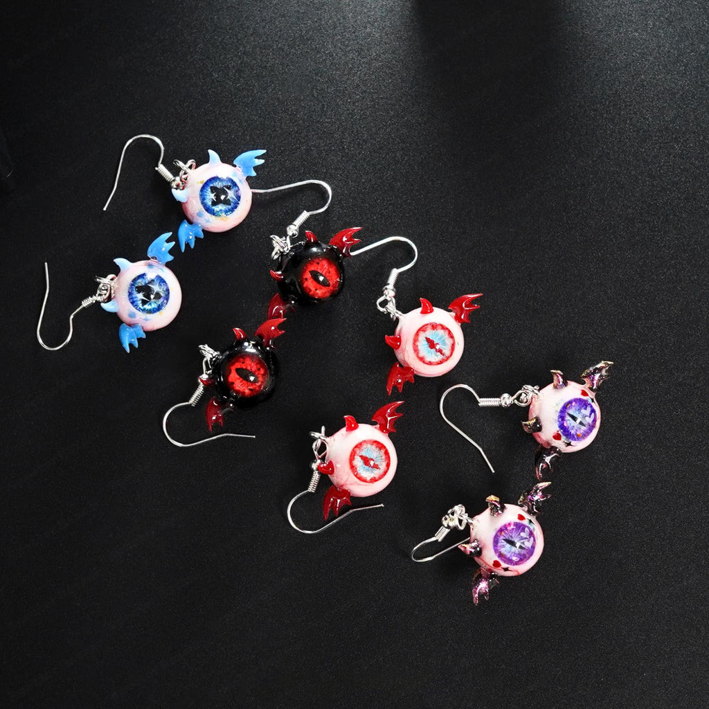 Pair of Little Devil Winged Eyeball Earrings | Handmade Cthulhu Series | Spooky-Cute Gothic Resin Jewelry