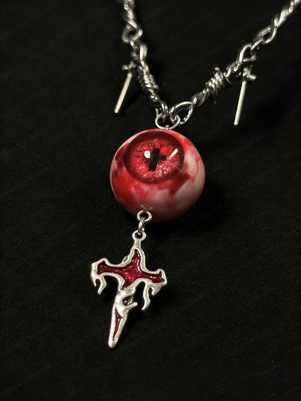"Crown of Thorns" Red Eye Necklace - Barbed Chain & Gothic Cross