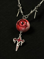 "Crown of Thorns" Red Eye Necklace - Barbed Chain & Gothic Cross
