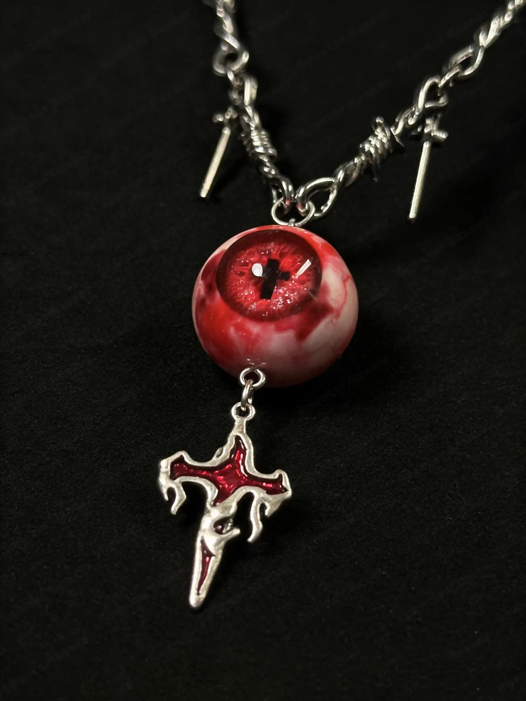 "Crown of Thorns" Red Eye Necklace - Barbed Chain & Gothic Cross