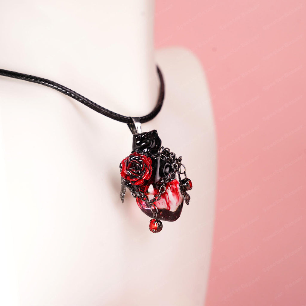 "Eternal Devotion" Bleeding Anatomical Heart - Rose & Chain Detail