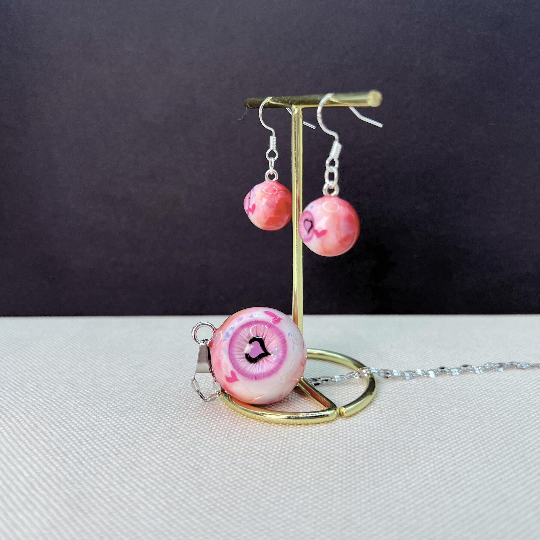 Kawaii Heart Pupil Eyeball Necklace & Earrings Set | 4-Color Matching Jewelry Bundle