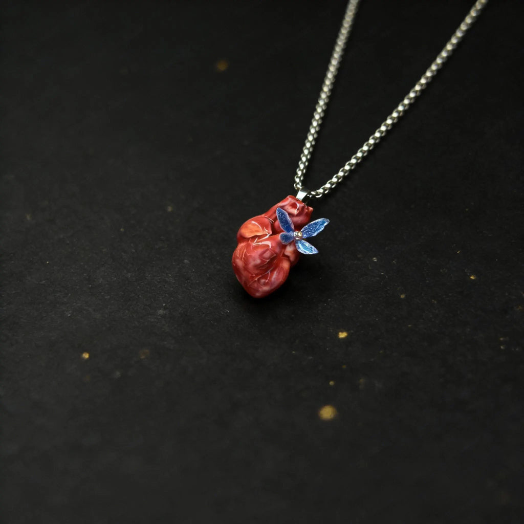 "Fluttering Heart" Anatomical Pendant - Shimmering Blue Butterfly Detail