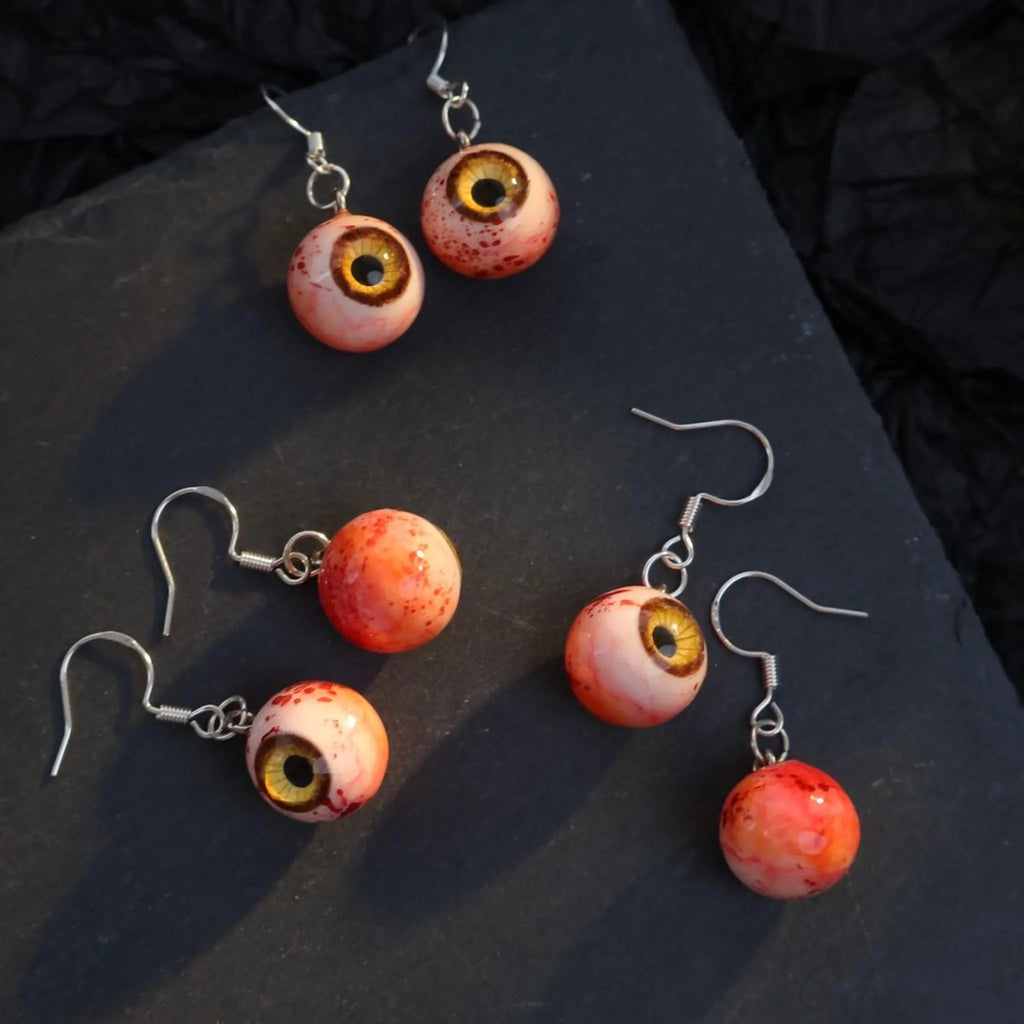 (Pair) Hyper-Realistic Bloodshot Yellow|Green Eyeball Earrings | Zombie Horror | S925 Sterling Silver