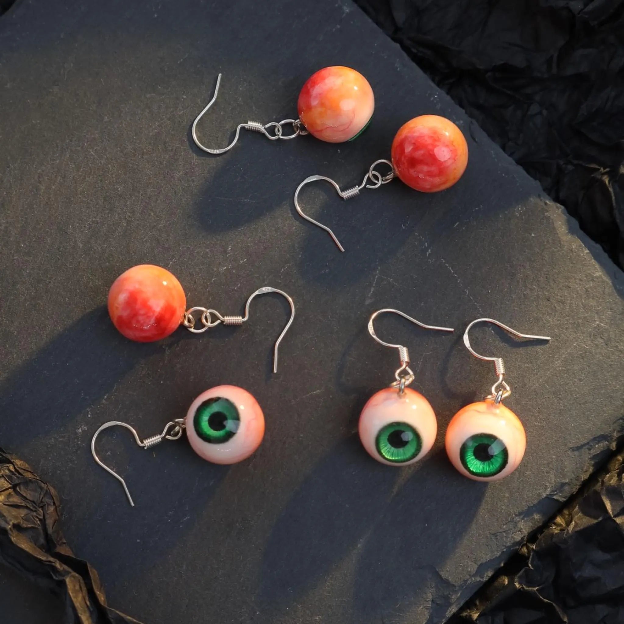(Pair) Hyper-Realistic Bloodshot Yellow|Green Eyeball Earrings | Zombie Horror | S925 Sterling Silver