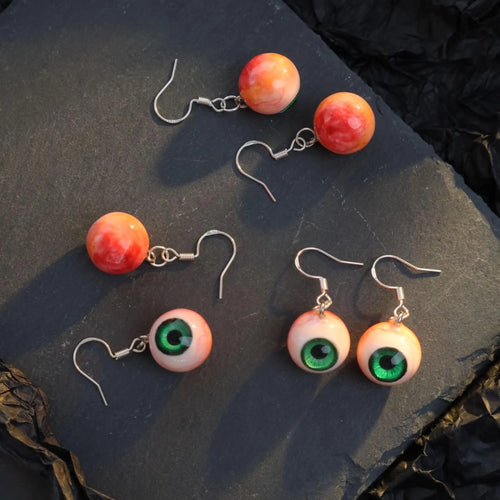 (Pair) Hyper-Realistic Bloodshot Yellow|Green Eyeball Earrings | Zombie Horror | S925 Sterling Silver