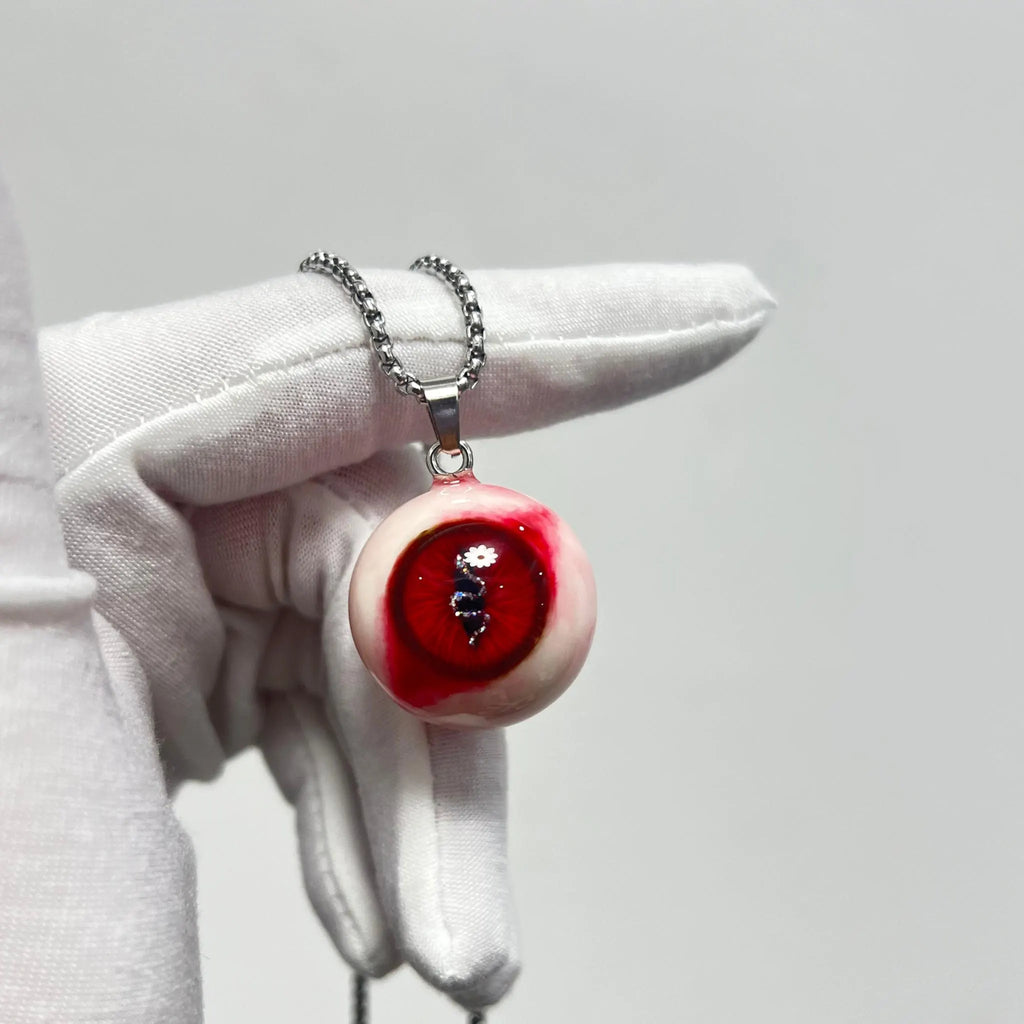 "Forbidden Fruit" Red Snake Eye Necklace - Wavy Pupil & Daisy Detail