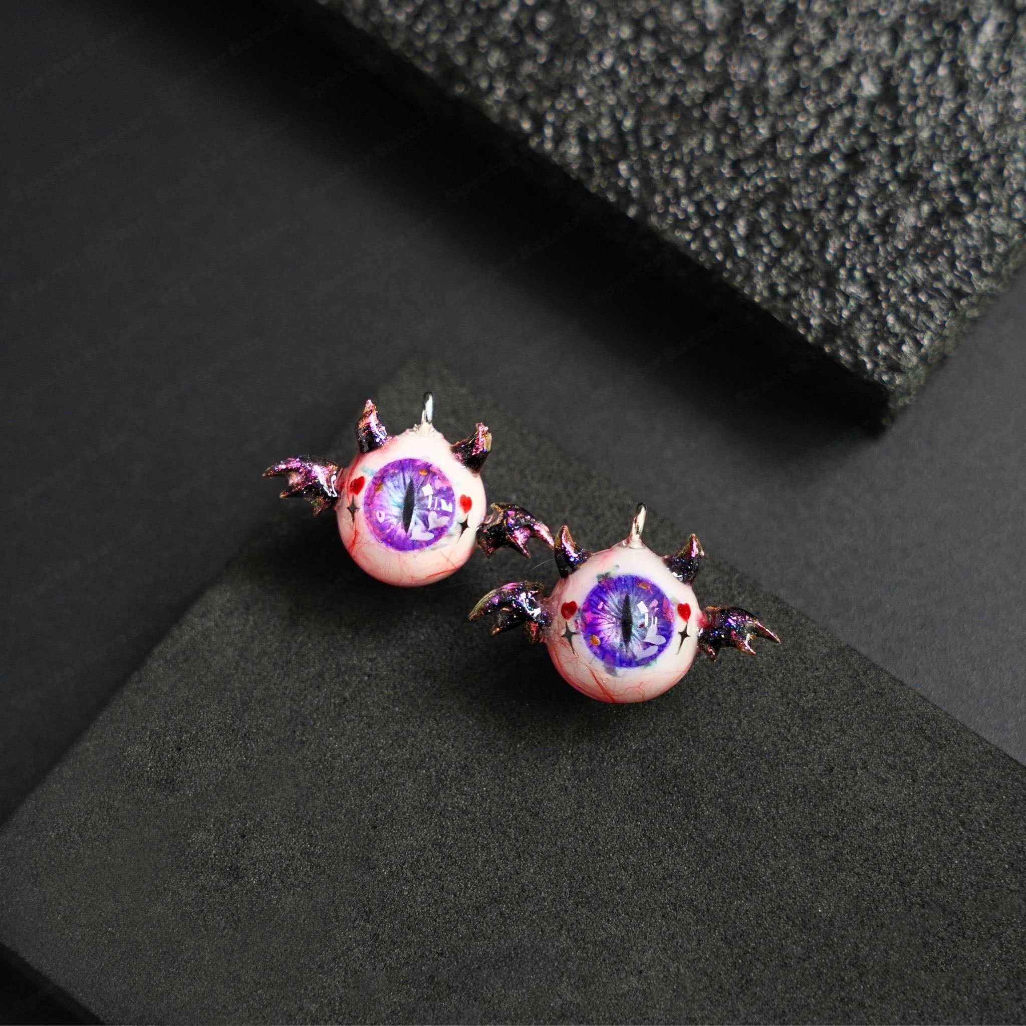 Pair of Little Devil Winged Eyeball Earrings | Handmade Cthulhu Series | Spooky-Cute Gothic Resin Jewelry