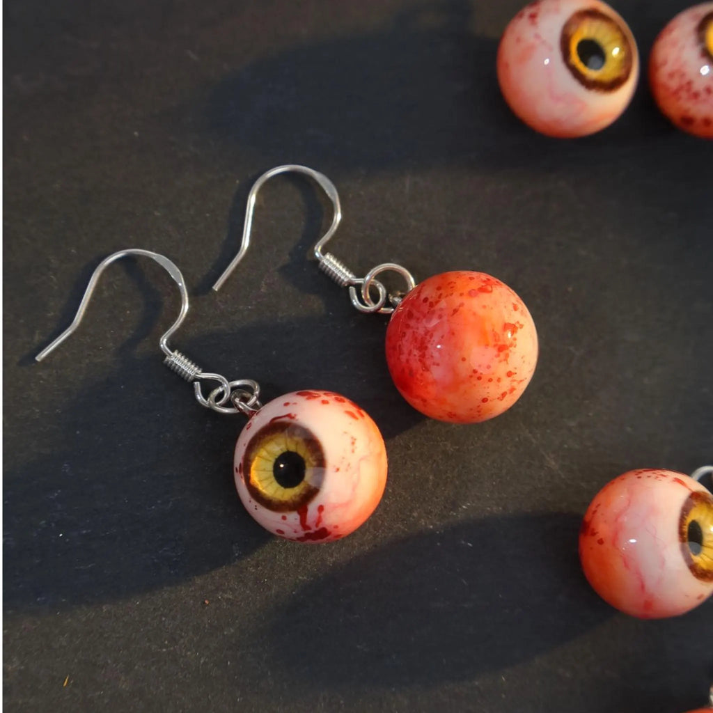 (Pair) Hyper-Realistic Bloodshot Yellow|Green Eyeball Earrings | Zombie Horror | S925 Sterling Silver