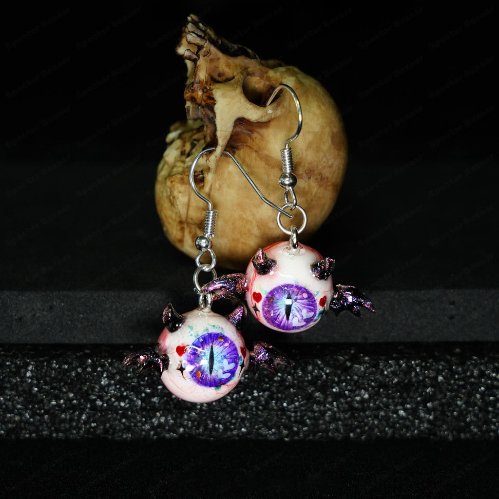 Pair of Little Devil Winged Eyeball Earrings | Handmade Cthulhu Series | Spooky-Cute Gothic Resin Jewelry