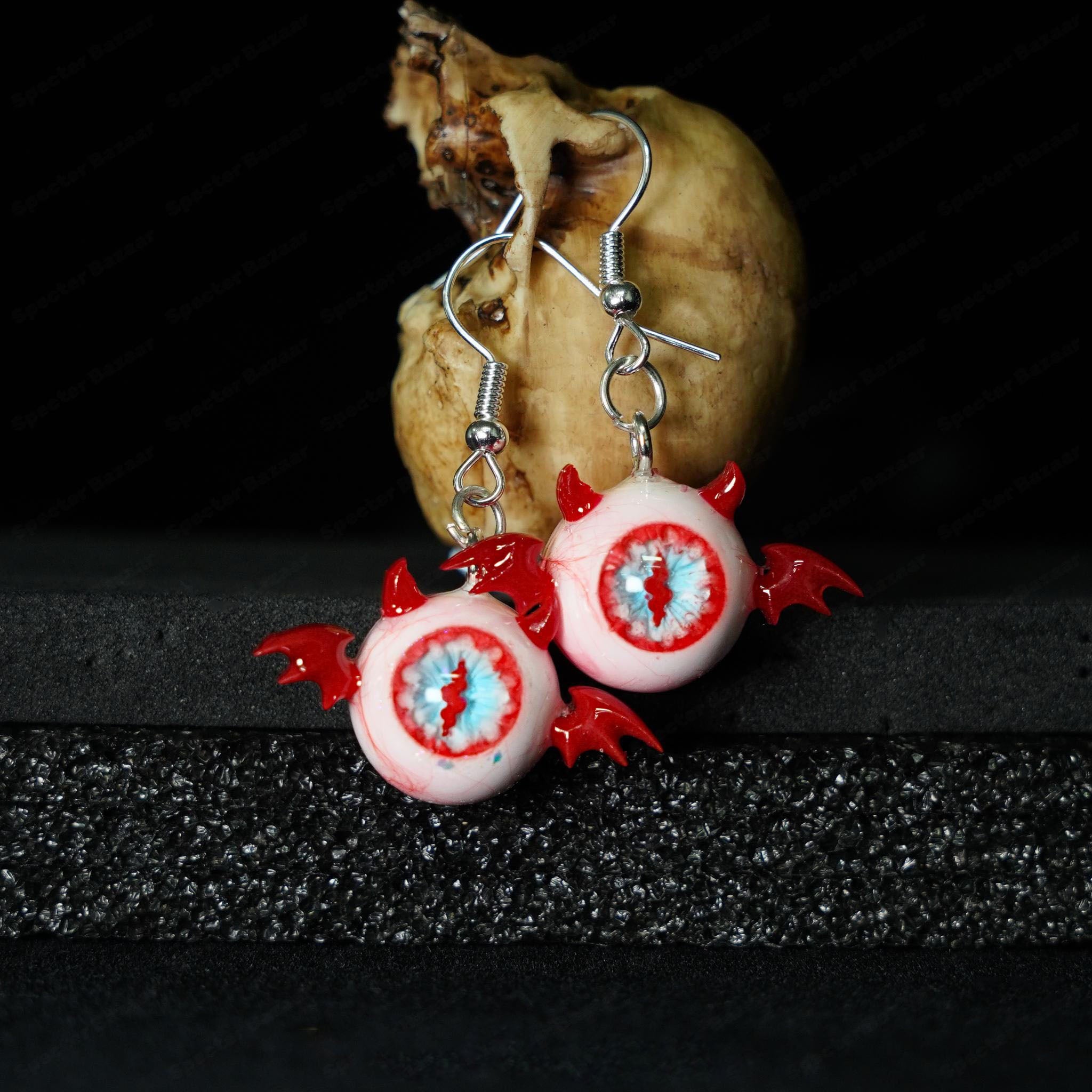 Pair of Little Devil Winged Eyeball Earrings | Handmade Cthulhu Series | Spooky-Cute Gothic Resin Jewelry