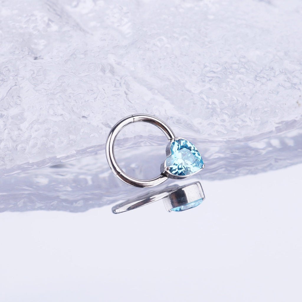 Heart-shaped CZ Stainless Steel Segment Hoop - Heart-shaped CZ Stainless Steel Segment Hoop - Blue / 8 mm by CRUXJEWELRY