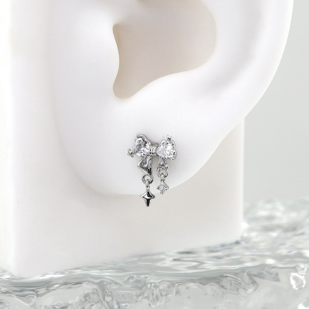 Pair Of Dainty Silver Bow Dangle Stud - Fairycore Cartilage & Helix Earring