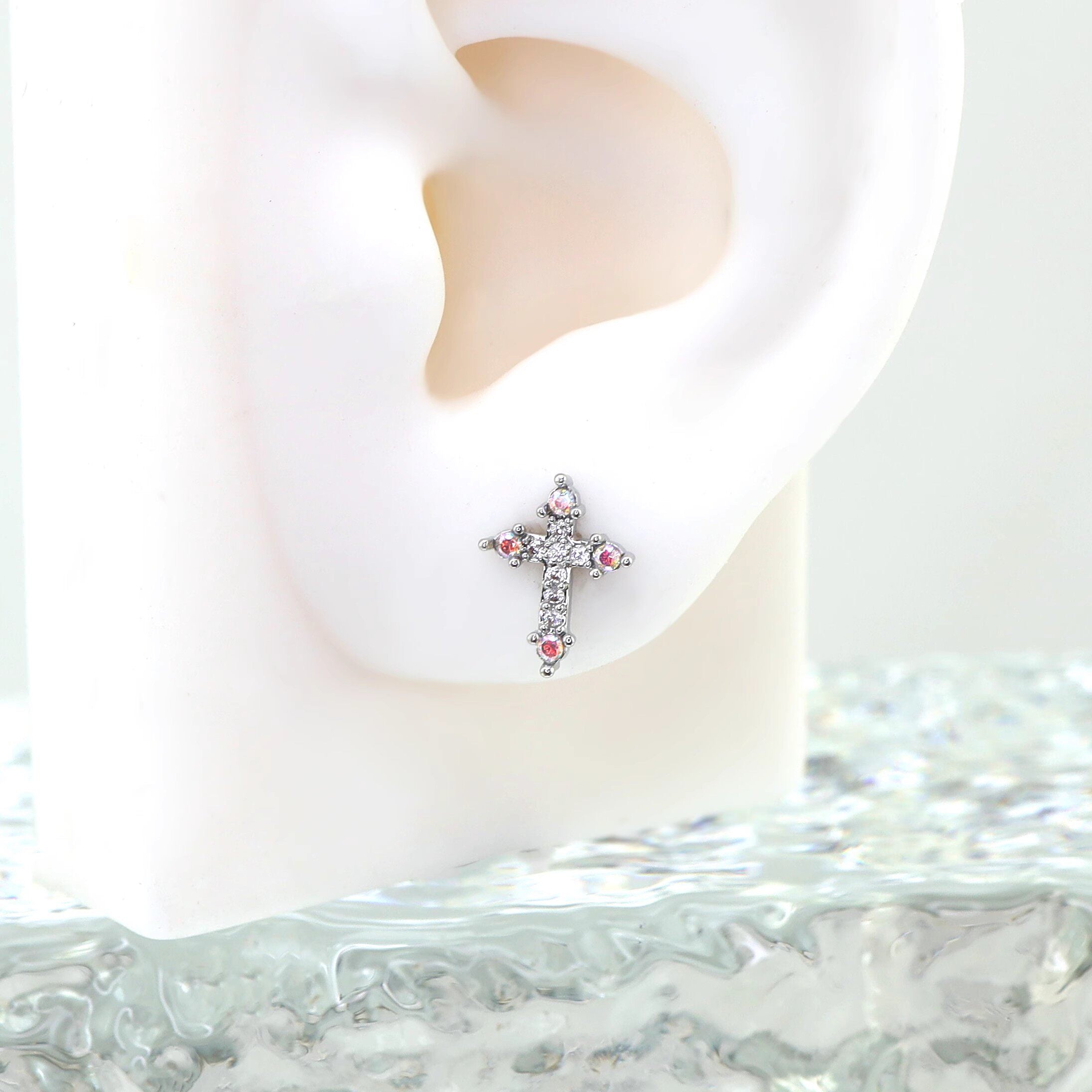 16G Elegant CZ Cross Stud | Dainty Silver/Gold Cartilage Piercing Jewelry