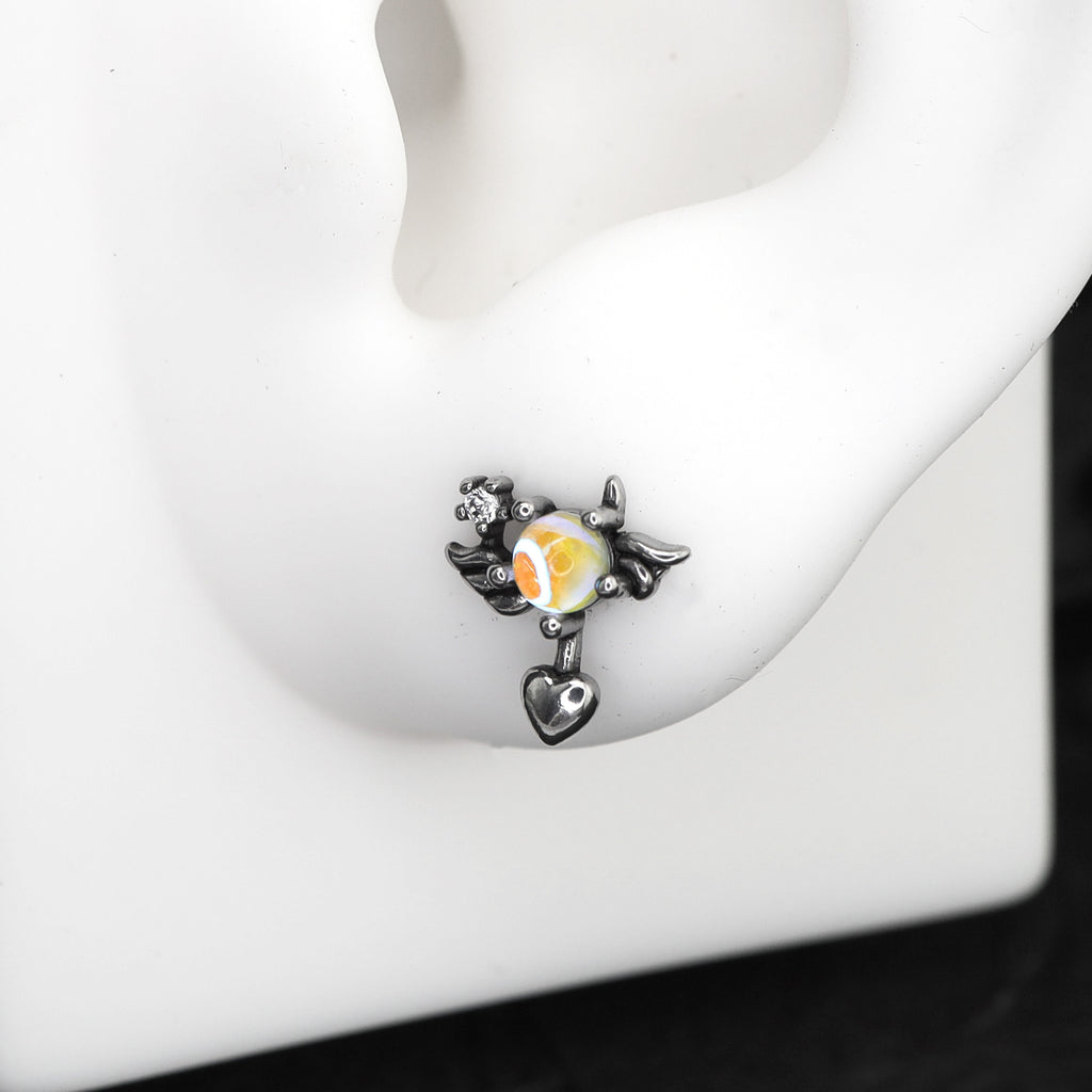 Dainty Opal Heart Angel Wings Stud - Guardian Angel Cartilage & Helix Earring