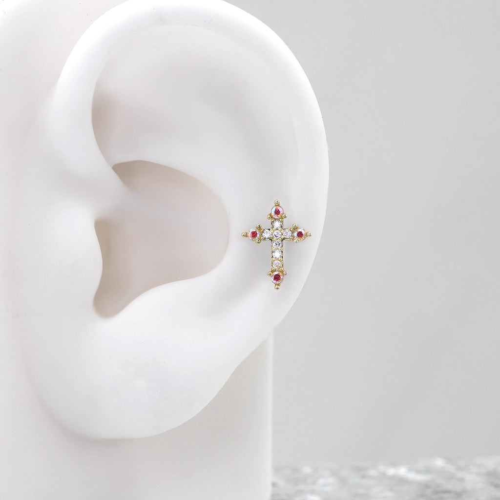 16G Elegant CZ Cross Stud | Dainty Silver/Gold Cartilage Piercing Jewelry